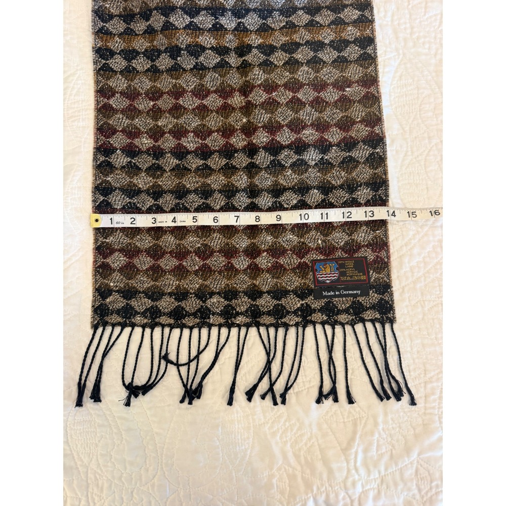 Vintage Made in Germany Wool Blend Geometric Diamond Fringe Scarf Multicolor - Picture 6 of 6